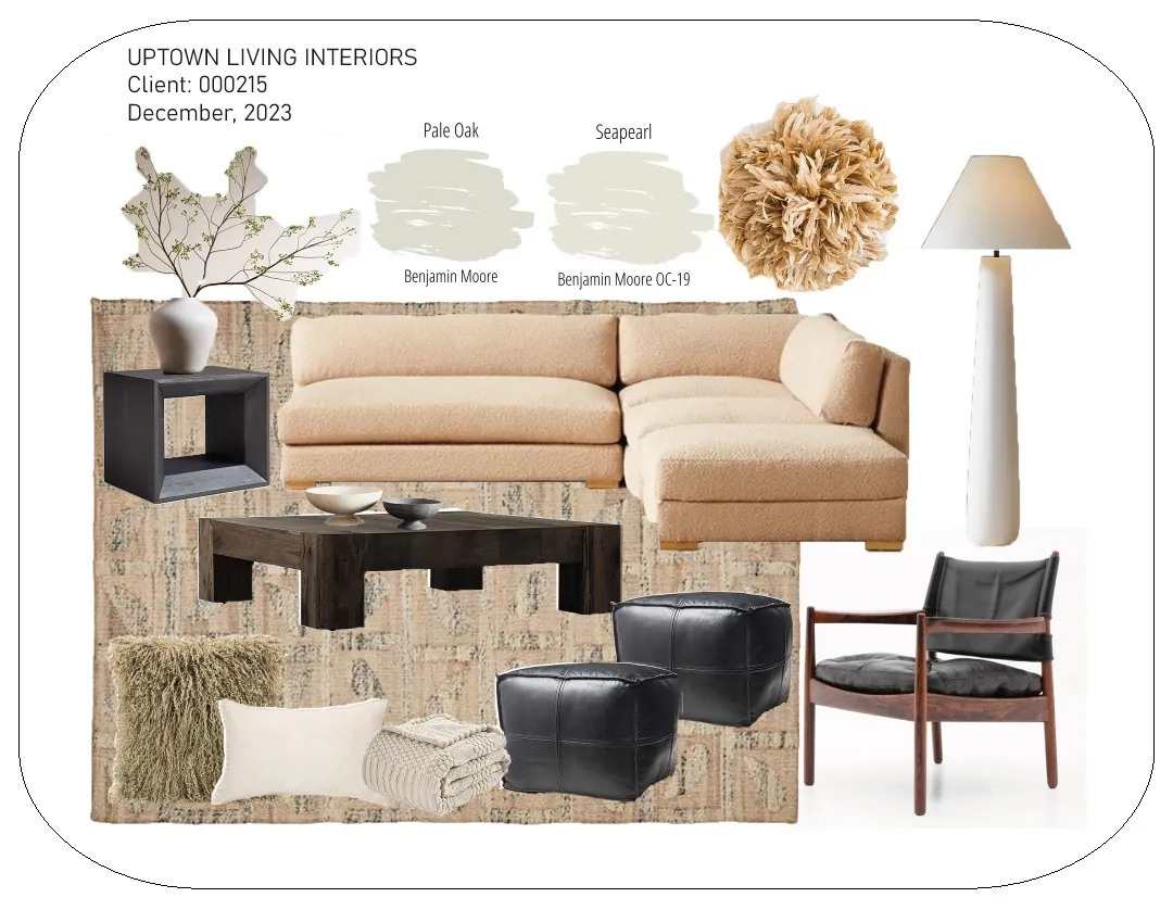A client moodboard by Elena: a sand-coloured sectional, black leather chairs, paint swatches and textures